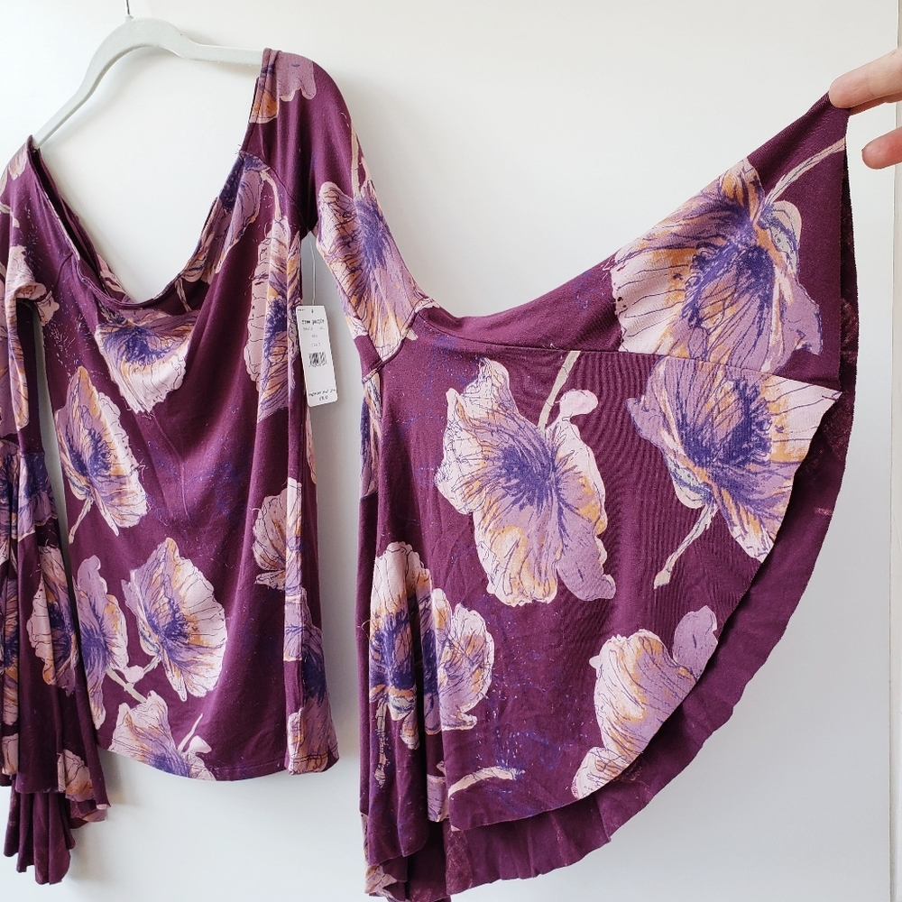 Free People Birds Of Paradise Large Blouse Whimsigoth Gothic Boho Floral Purple - Picture 8 of 11